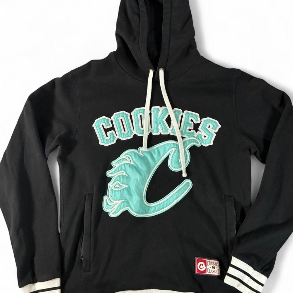 Cookies SF Varsity style pullover hoodie. Black & teal blue colorway. Men's Med